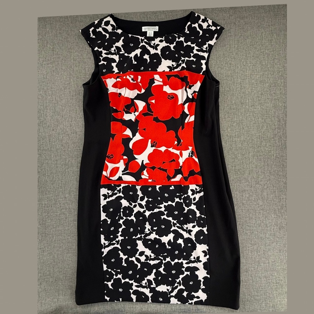 LONDON Times Sheath Dress Size 16 Floral Cap Sleeves Boat Neck Side Zipper